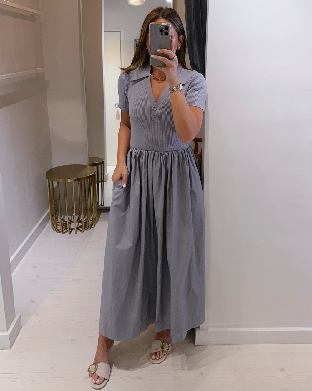 ESiei9025d1 Stenson Mixed Media Maxi Dress in Dusty Blue