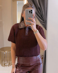 Scalloped Cropped Sweater in Plum Brown
