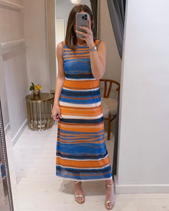 Amara Mesh Maxi Dress in Orange Blue