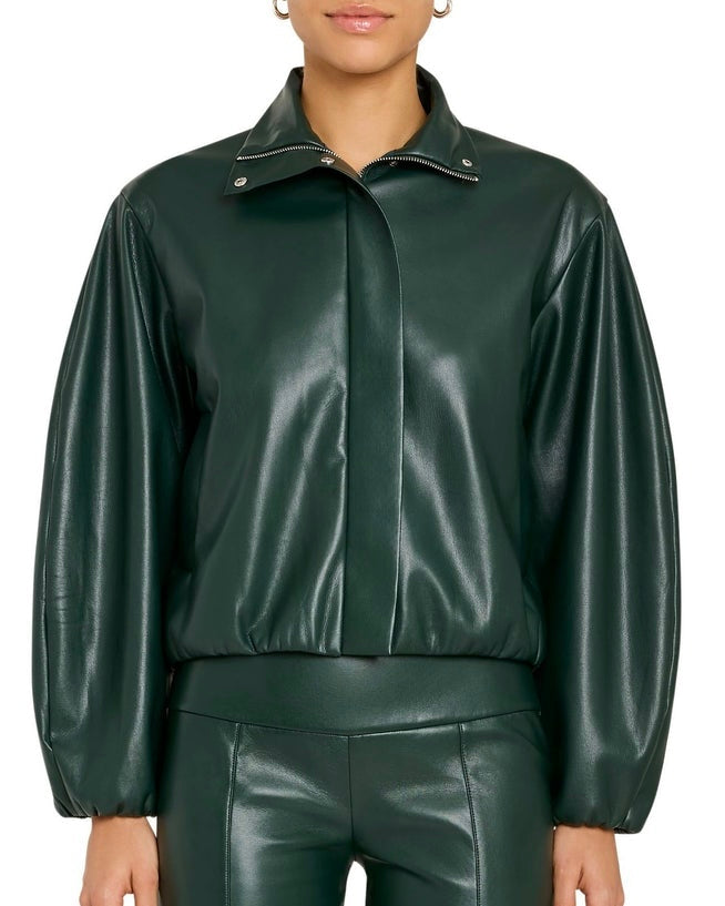 AU Duke Vegan Leather Bomber Jacket in Moss