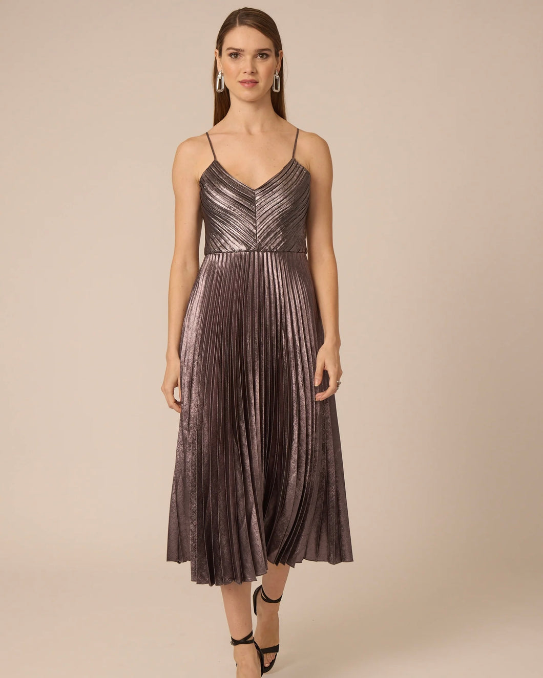GF Indie Pleated Midi Dress in Silver Metallic