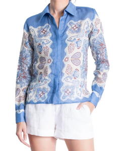Antoinette Printed LS Top in Blue Paisley