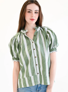 Elastic Collar Short Sleeve Top Green Stripe