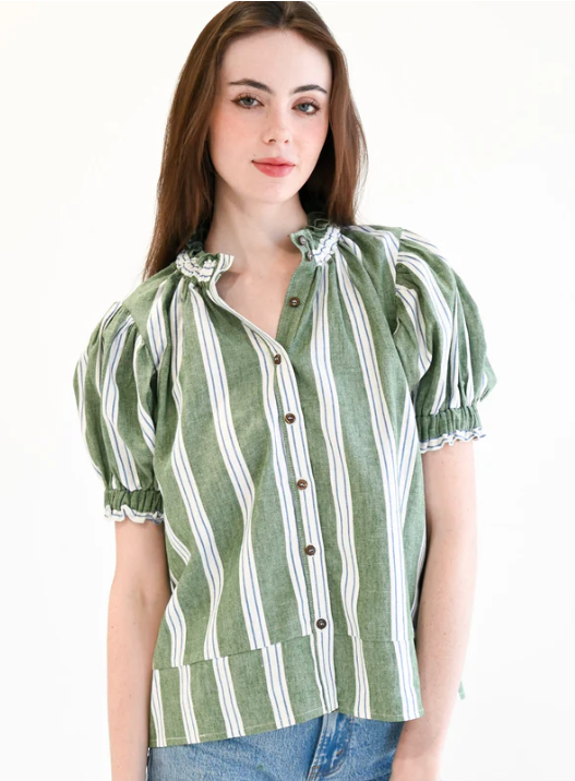 Elastic Collar Short Sleeve Top Green Stripe