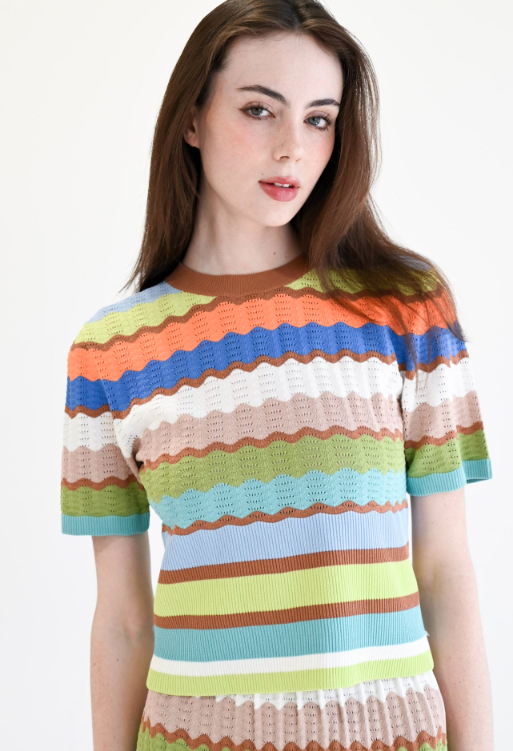 Eyelet Stripe SS Sweater in Eyelet Crochet