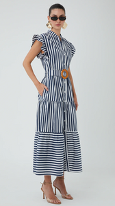 Ruffle Stripe Dress in Navy White