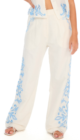 Audrey  Embroidered Pant in Blue White
