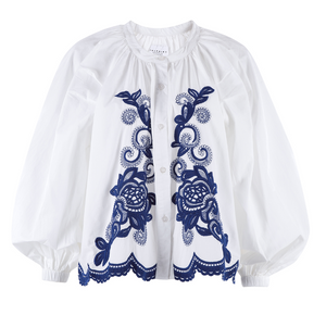 Embroidered LS Top in Navy Detail
