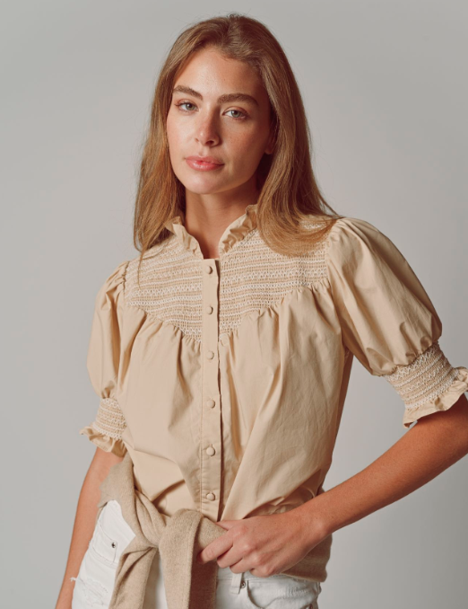 Smocked Nicole Shirt in Tan