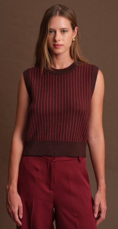 Bruce Striped Knit Vest in Cacao/ Malbec
