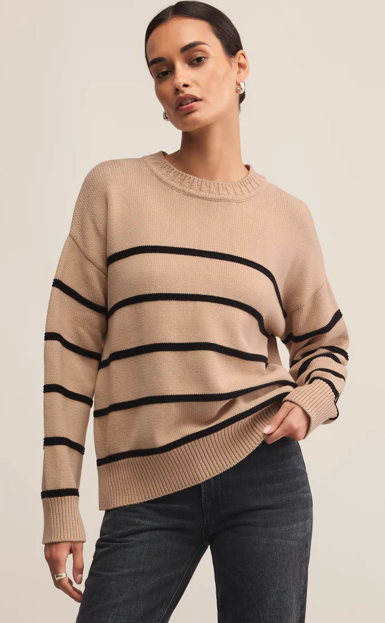 Striped Crewneck Bf Sweater in Biscuit