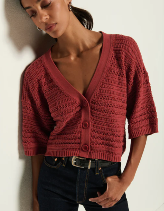 Tabby Short Sleeve Cardigan in Marsala