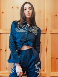 French Knot Embroidered Button Down in Navy