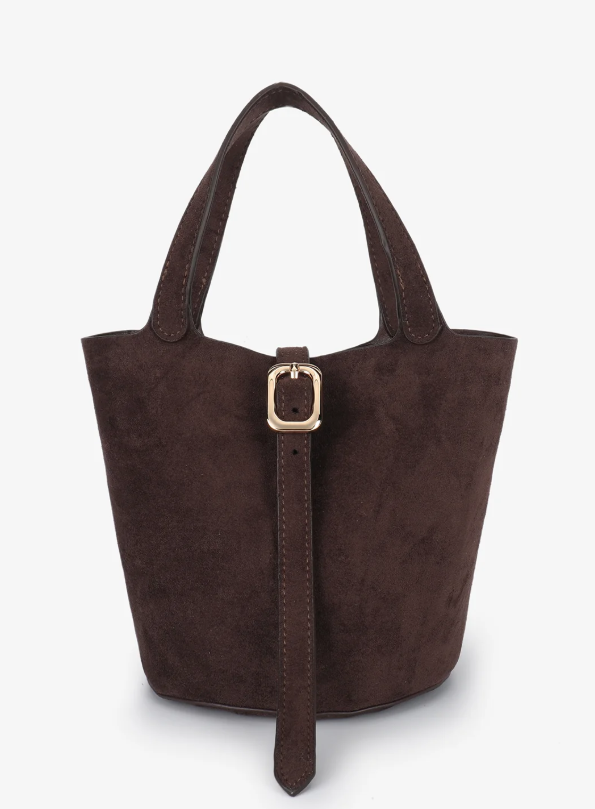Joya Mini Vegan Suede Bucket Bag in Chocolate