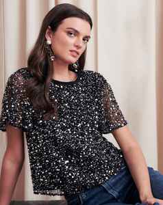 Narassia Sequin Short Sleeve Shirt in Black Multi