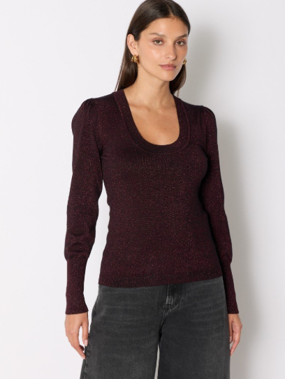Long Sleeve Lurex Sweater in Burgundy