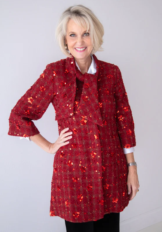 Gracelee Sequin Tweed Coat in Cherry