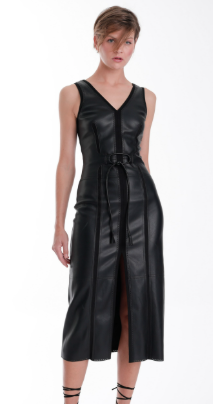 Mona Vegan Leather Midi Dress in Black