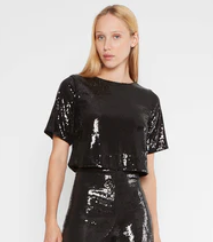 Sequin Short Sleeve Top in Black