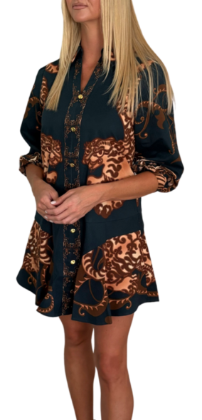 AC Porter Long Sleeve Dress in Indigo Tiger