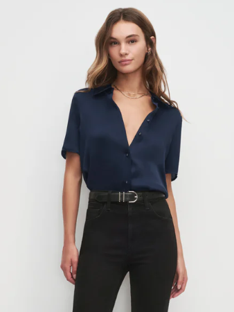 FD Take Me Seriously Satin Top in Navy