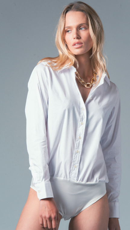 White Button Down Bodysuit in White