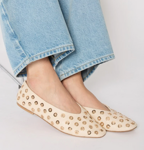 Studded Ballet Flat in White/Gold