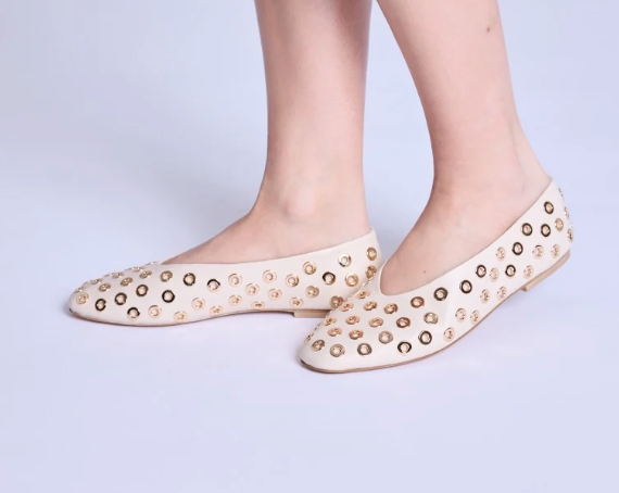 Studded Ballet Flat in White/Gold
