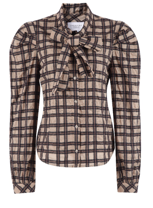 French Bow Shirt in Tan/Black Plaid