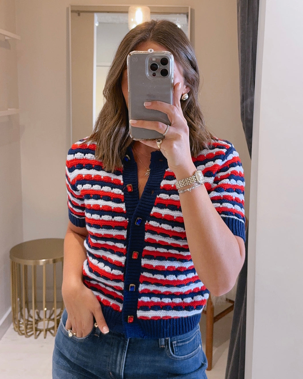 Short Sleeve Stripe Adelle Sweater in Navy/Red