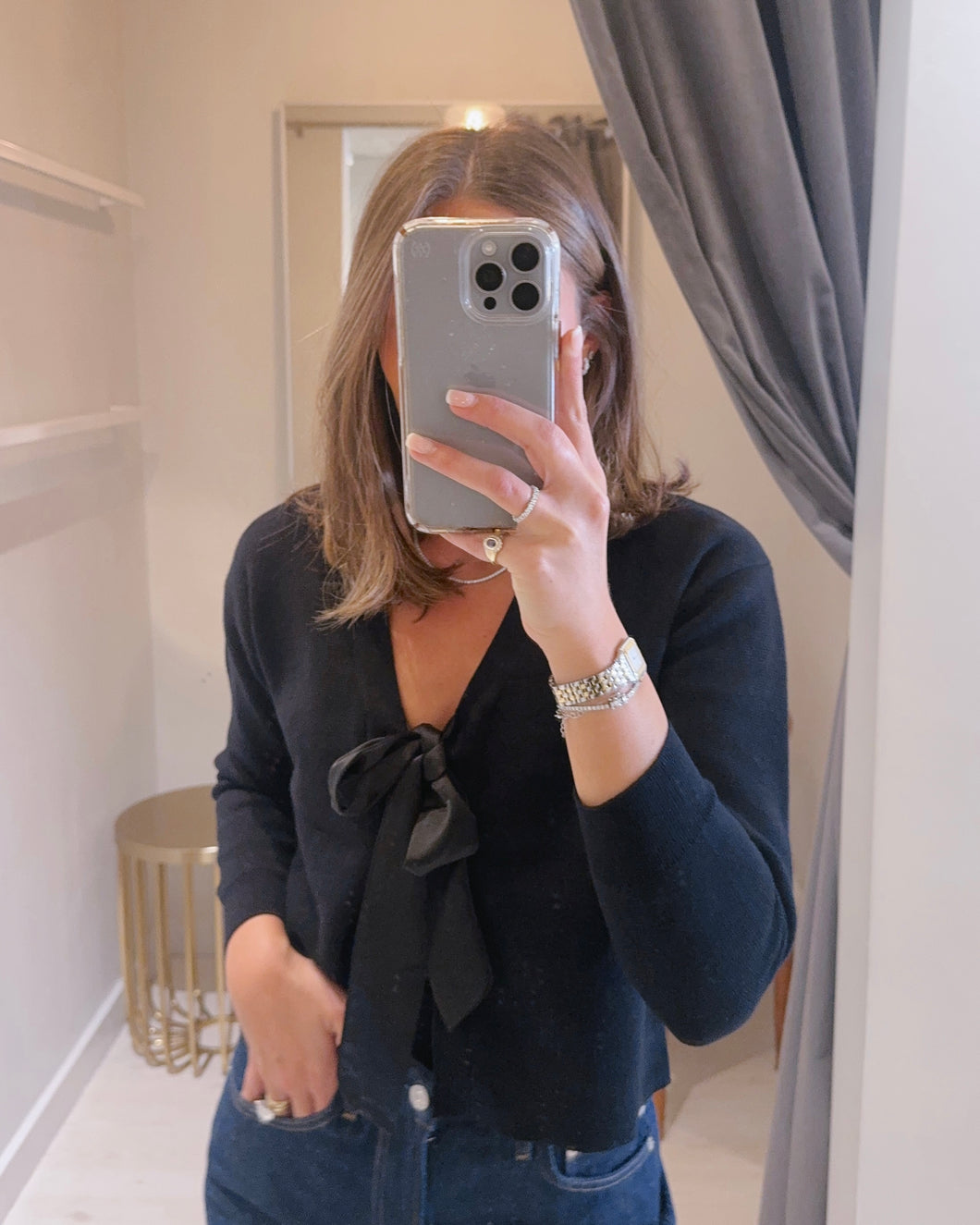 JS Tie Front Cardigan in Black