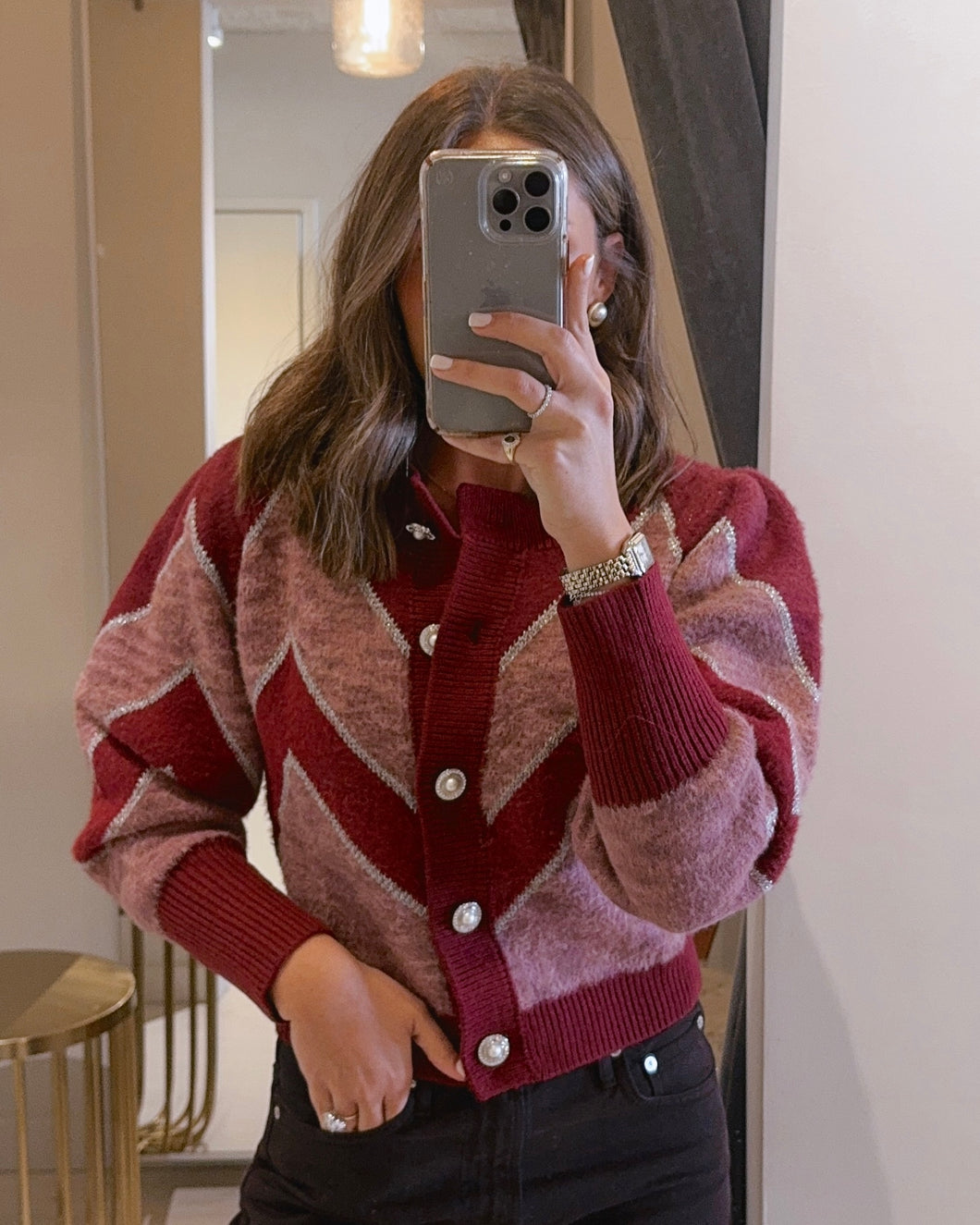Fuzzy Chevron Sweater in Deep Red