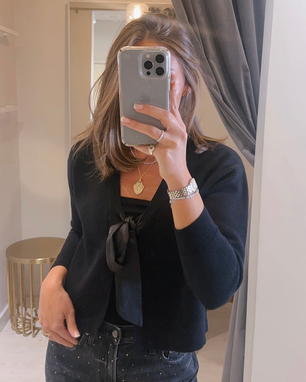 JS Beaded Cropped Button Down in Midnight