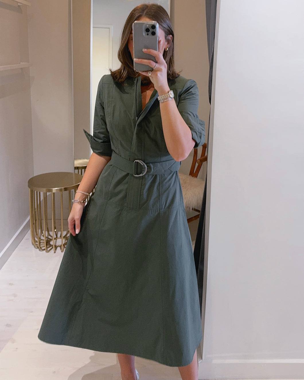 Gianna Shirt Midi Dress in Olive Green