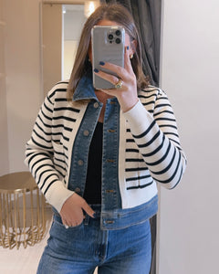 Striped Jacket with Denim in Oat/Black