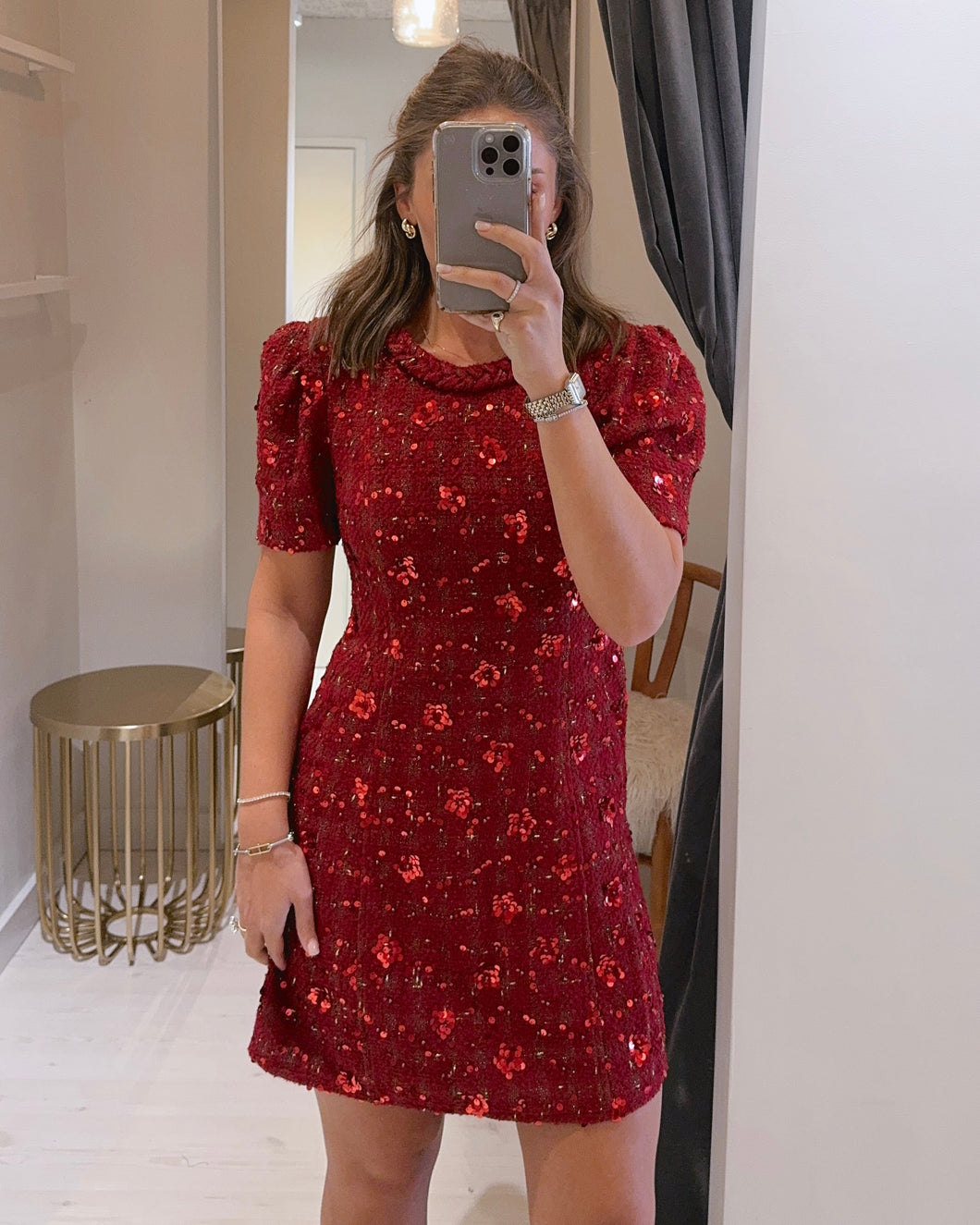 Tweed Sequin Mini Dress in Cherry